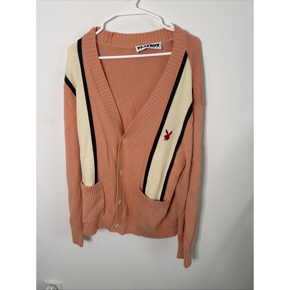 Playboy Cardigan By Pacsun Sweater Men M Peach Varsity  Button Front Bunny Logo
